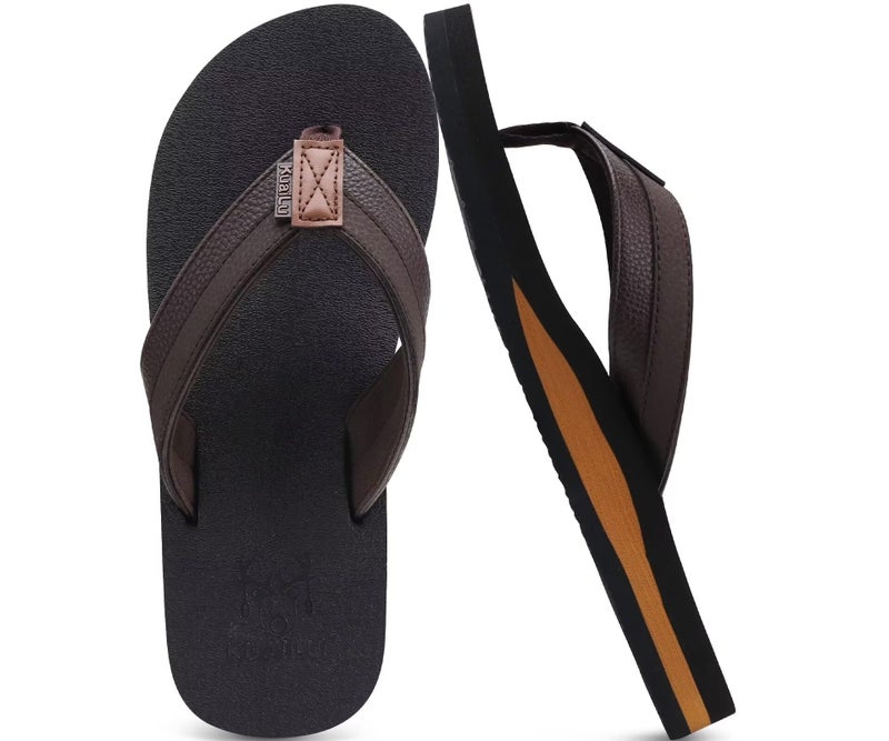KuaiLu Men's Leather Flip Flops Arch Support Summer Beach Pool Water Thong Sandals Waterproof Rubber Walking Shoes Slip on Orthotic Casual Sport Cushioned Wide Slides Shower Slippers Brown Size 11 - Image 1